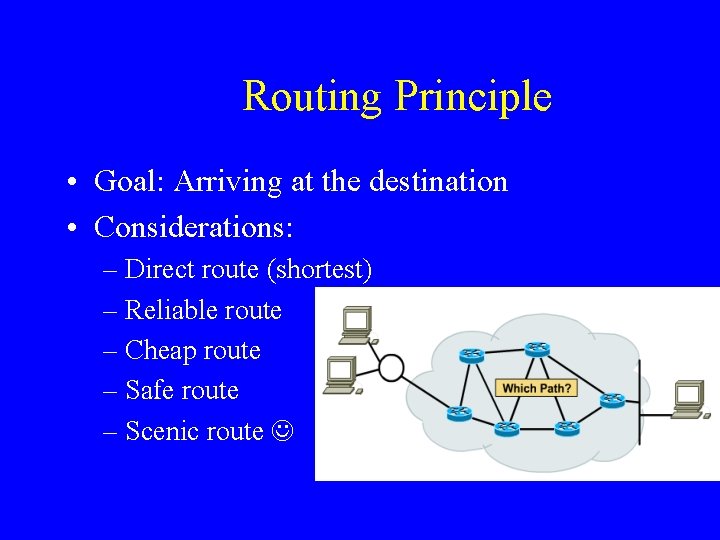 Routing Principle • Goal: Arriving at the destination • Considerations: – Direct route (shortest)