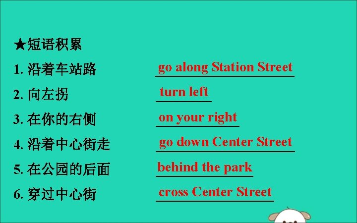 ★短语积累 1. 沿着车站路 go along Station Street __________ 2. 向左拐 turn left ____ 3.