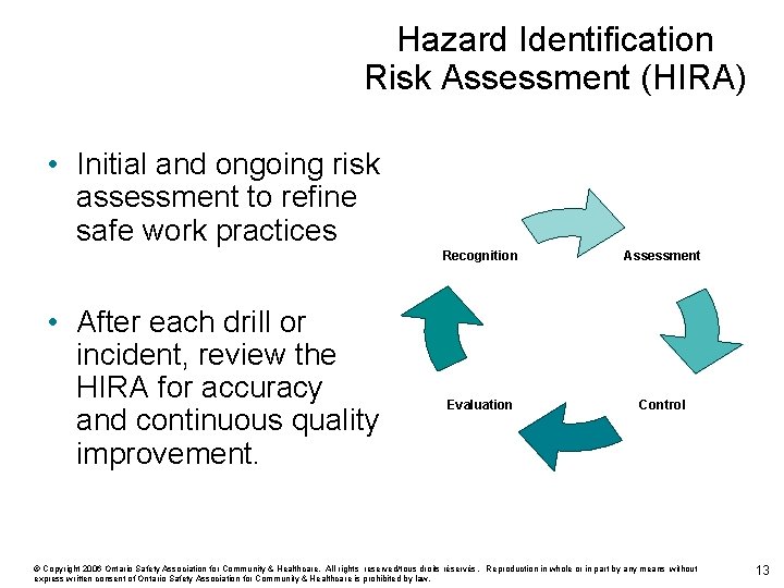 Hazard Identification Risk Assessment (HIRA) • Initial and ongoing risk assessment to refine safe
