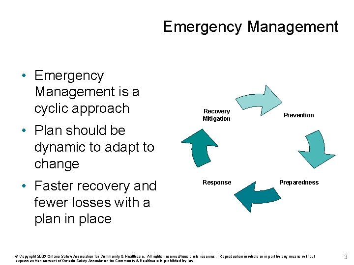 Emergency Management • Emergency Management is a cyclic approach Recovery Mitigation Prevention Response Preparedness