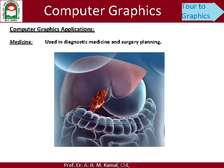 Computer Graphics Applications: Medicine: Used in diagnostic medicine and surgery planning. Prof. Dr. A.