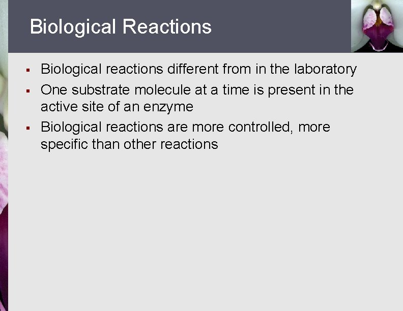Biological Reactions § § § Biological reactions different from in the laboratory One substrate
