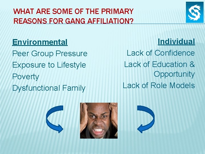 WHAT ARE SOME OF THE PRIMARY REASONS FOR GANG AFFILIATION? Environmental Peer Group Pressure