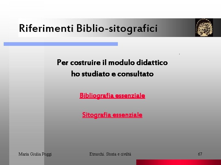 Riferimenti Biblio-sitografici. Per costruire il modulo didattico ho studiato e consultato Bibliografia essenziale Sitografia