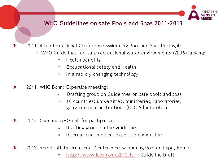 WHO Guidelines on safe Pools and Spas 2011 -2013 2011 4 th International Conference