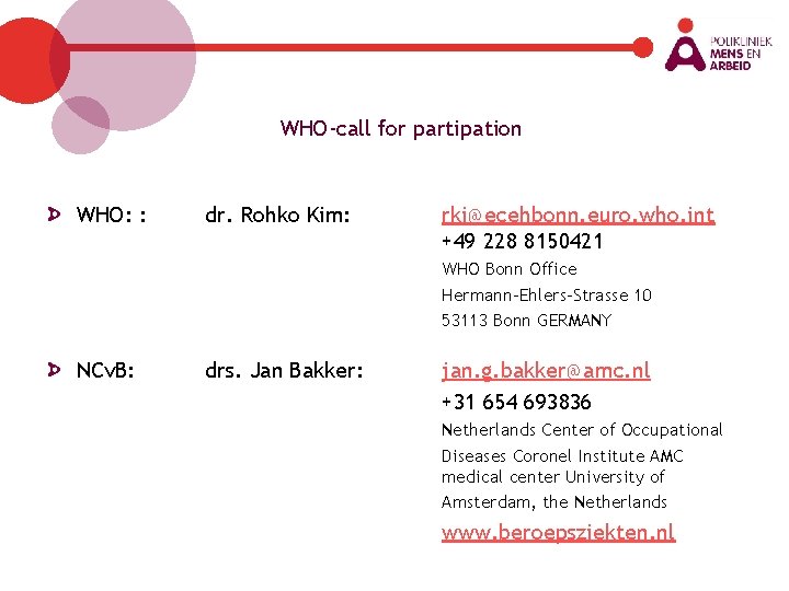 WHO-call for partipation WHO: : dr. Rohko Kim: rki@ecehbonn. euro. who. int +49 228