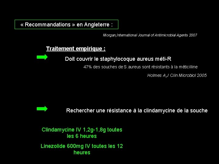  « Recommandations » en Angleterre : Morgan, International Journal of Antimicrobial Agents 2007