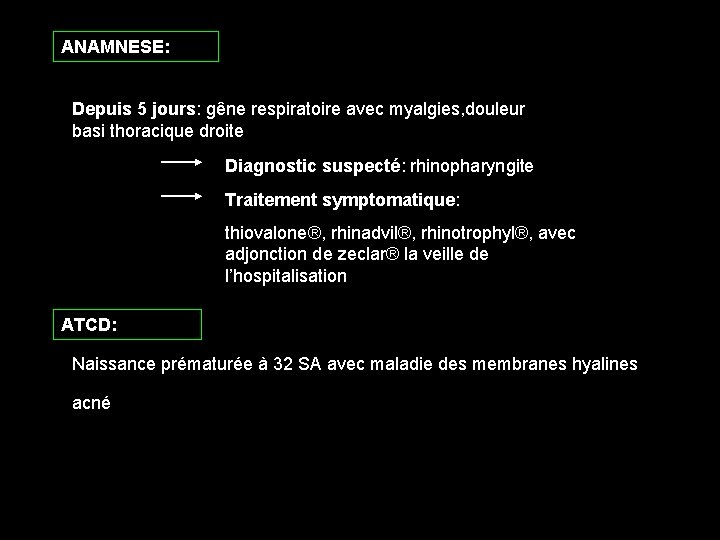 ANAMNESE: Depuis 5 jours: gêne respiratoire avec myalgies, douleur basi thoracique droite Diagnostic suspecté: