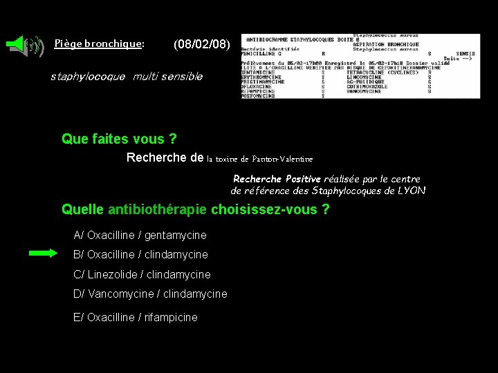 Piège bronchique: (08/02/08) staphylocoque multi sensible Que faites vous ? Recherche de la toxine