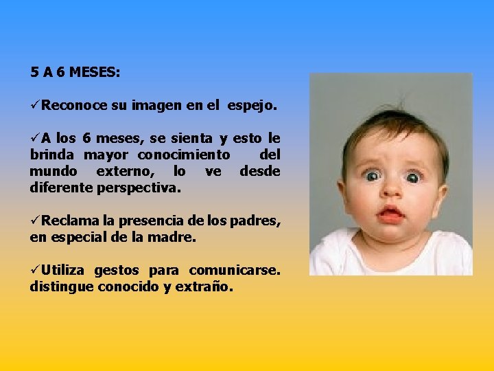 5 A 6 MESES: üReconoce su imagen en el espejo. üA los 6 meses,