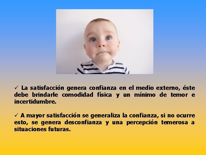 ü La satisfacción genera confianza en el medio externo, éste debe brindarle comodidad física