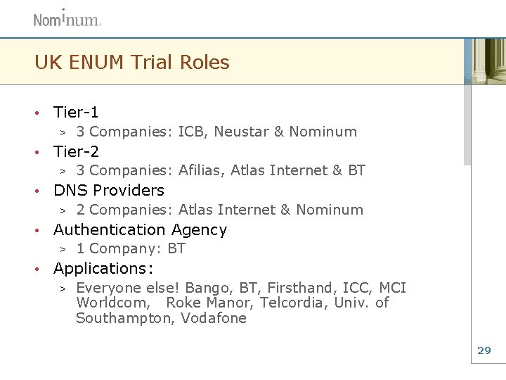 UK ENUM Trial Roles • Tier-1 > • Tier-2 > • 2 Companies: Atlas
