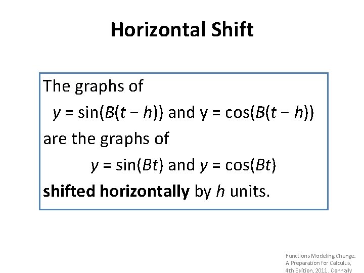 Horizontal Shift The graphs of y = sin(B(t − h)) and y = cos(B(t