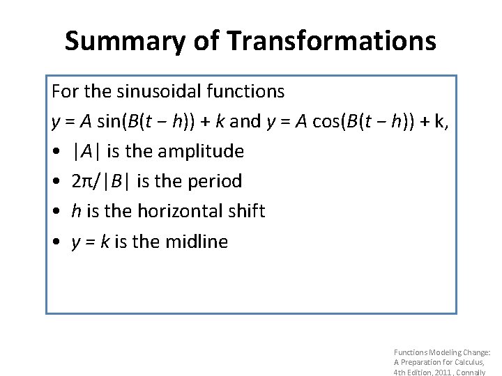 Summary of Transformations For the sinusoidal functions y = A sin(B(t − h)) +