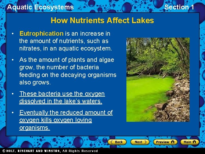 Aquatic Ecosystems How Nutrients Affect Lakes • Eutrophication is an increase in the amount