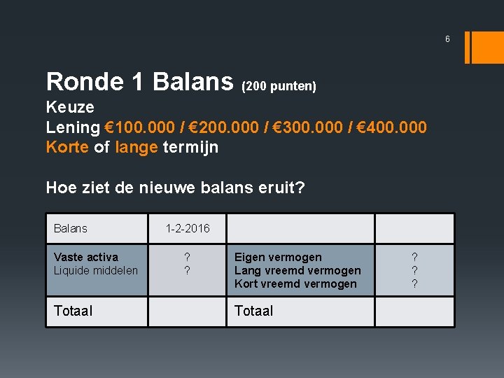 6 Ronde 1 Balans (200 punten) Keuze Lening € 100. 000 / € 200.