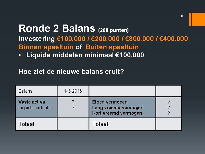 8 Ronde 2 Balans (200 punten) Investering € 100. 000 / € 200. 000