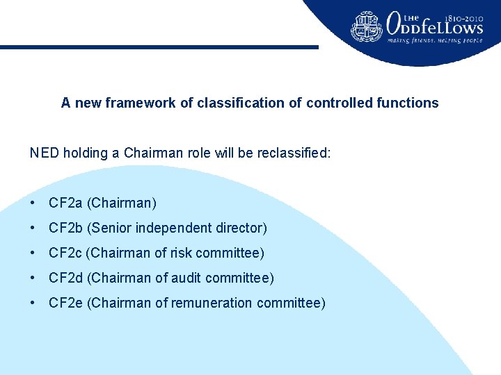 A new framework of classification of controlled functions NED holding a Chairman role will