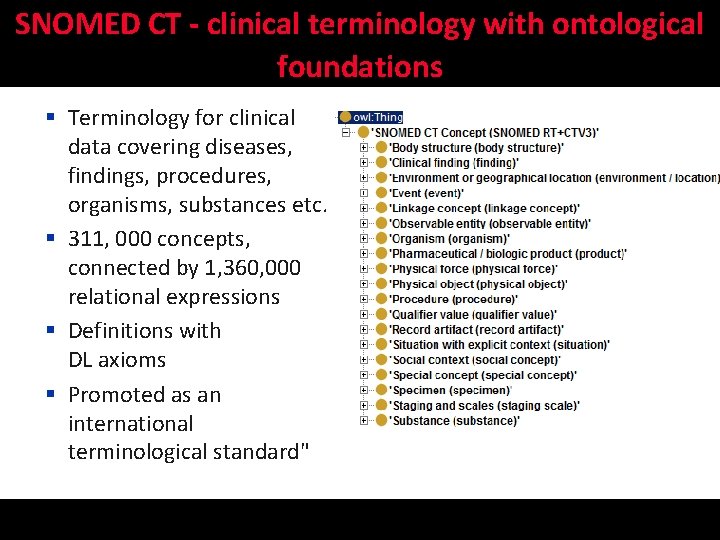 SNOMED CT - clinical terminology with ontological foundations § Terminology for clinical data covering