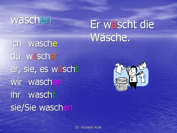 waschen ich wasche du wäschst er, sie, es wäscht wir waschen ihr wascht sie/Sie