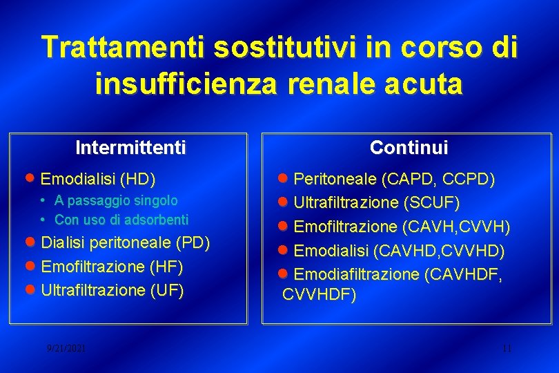 Trattamenti sostitutivi in corso di insufficienza renale acuta Intermittenti · Emodialisi (HD) • A
