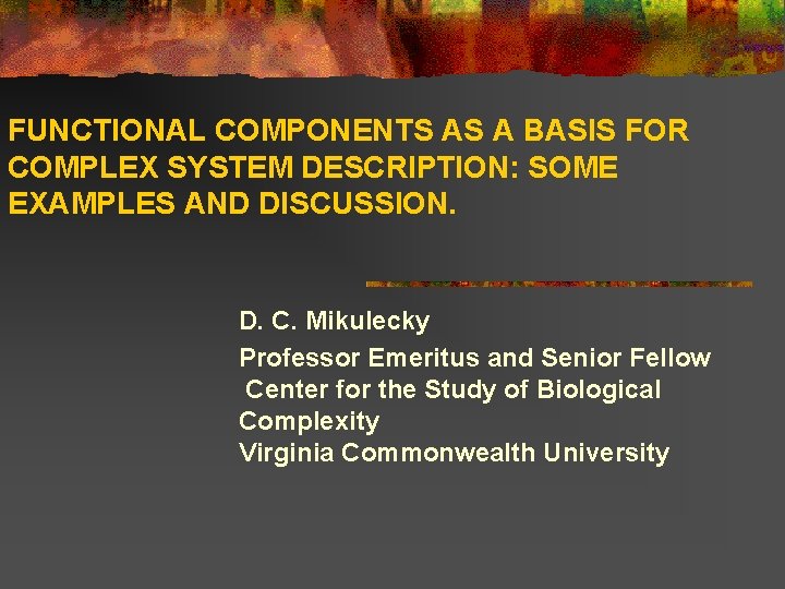 FUNCTIONAL COMPONENTS AS A BASIS FOR COMPLEX SYSTEM DESCRIPTION: SOME EXAMPLES AND DISCUSSION. D.