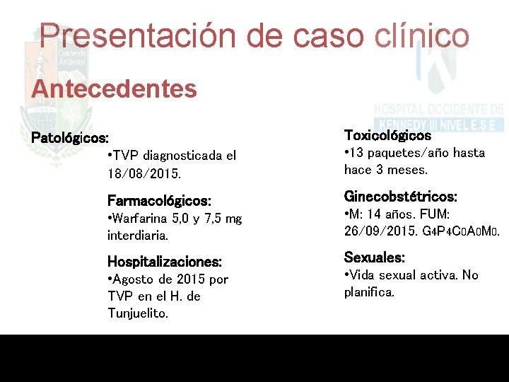 Presentación de caso clínico Antecedentes Patológicos: Toxicológicos • TVP diagnosticada el 18/08/2015. • 13