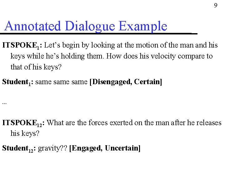 9 Annotated Dialogue Example ITSPOKE 1: Let’s begin by looking at the motion of