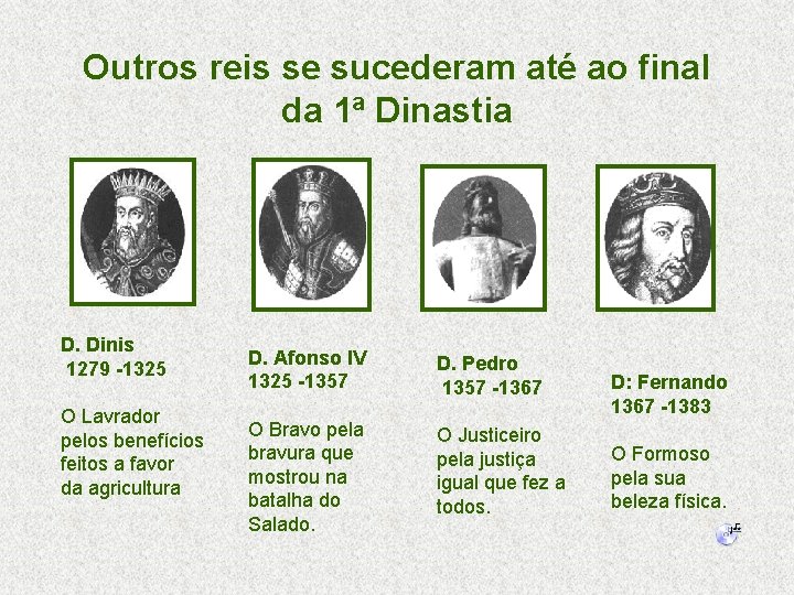 Outros reis se sucederam até ao final da 1ª Dinastia D. Dinis 1279 -1325