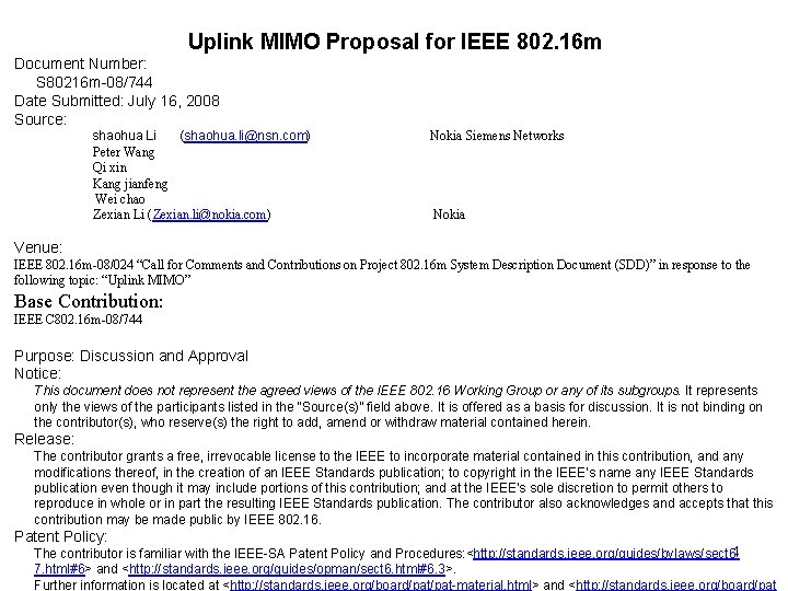 Uplink MIMO Proposal for IEEE 802. 16 m Document Number: S 80216 m-08/744 Date