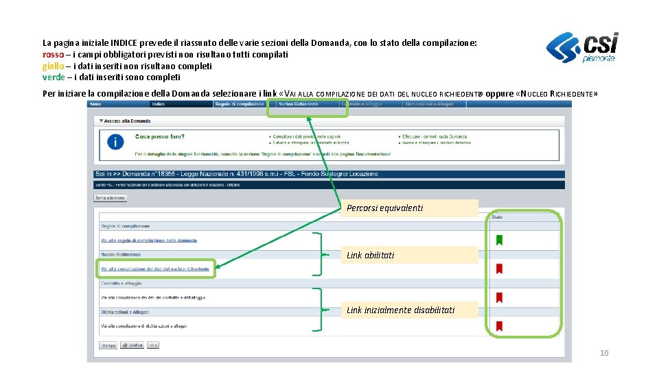 La pagina iniziale INDICE prevede il riassunto delle varie sezioni della Domanda, con lo