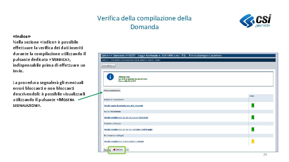 Verifica della compilazione della Domanda «Indice» Nella sezione «Indice» è possibile effettuare la verifica