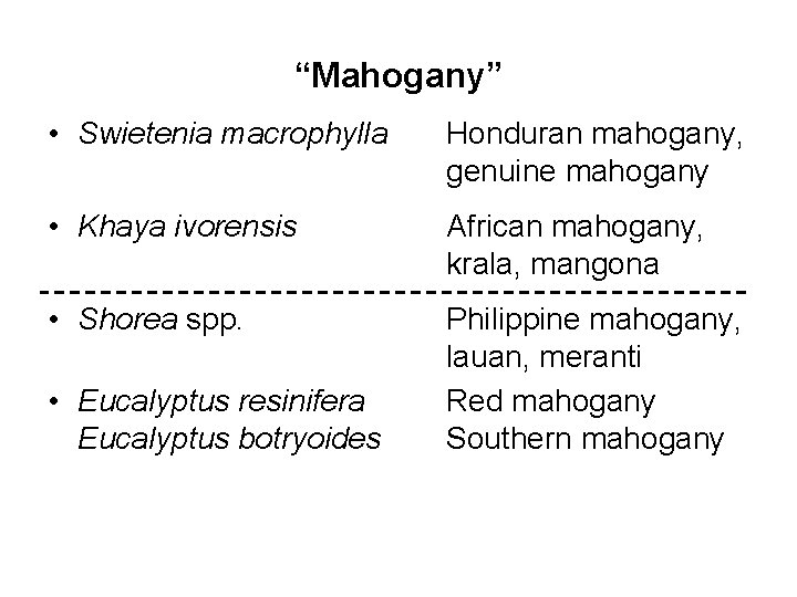“Mahogany” • Swietenia macrophylla Honduran mahogany, genuine mahogany • Khaya ivorensis African mahogany, krala,