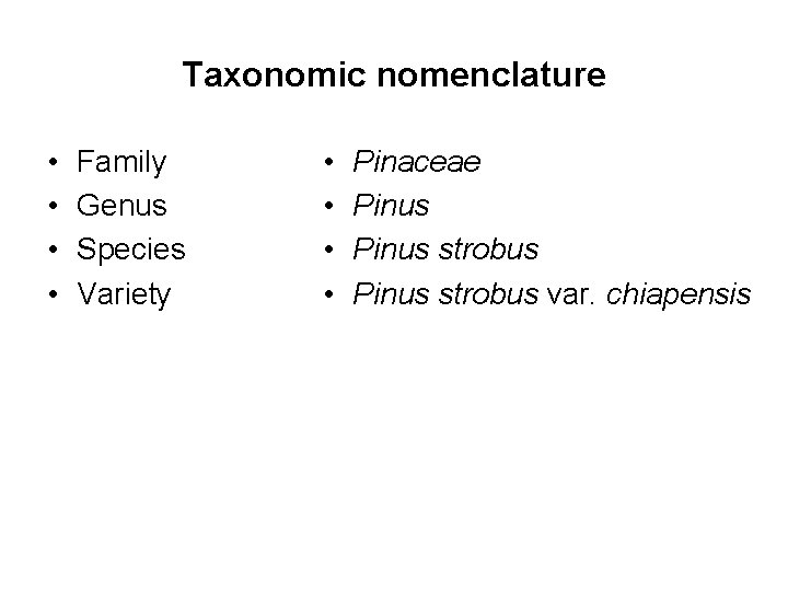 Taxonomic nomenclature • • Family Genus Species Variety • • Pinaceae Pinus strobus var.