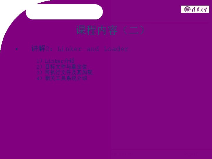 课程内容（二） 讲解 2：Linker and Loader 1）Linker介绍 2）目标文件与重定位 3）可执行文件及其加载 4）相关 具系统介绍 2006 ~ 2008 Copyright