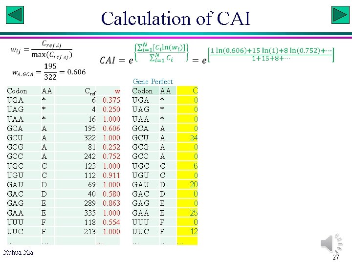 Calculation of CAI Codon UGA UAG UAA GCU GCG GCC UGU GAC GAG GAA