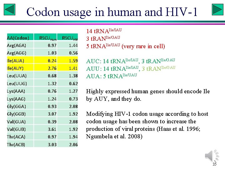 Codon usage in human and HIV-1 AA(Codon) RSCUHum RSCUHIV Arg(AGA) 0. 97 1. 44