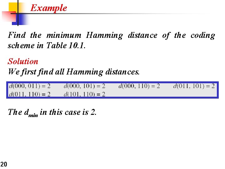 Example Find the minimum Hamming distance of the coding scheme in Table 10. 1. Example Find the minimum Hamming distance of the coding scheme in Table 10. 1.
