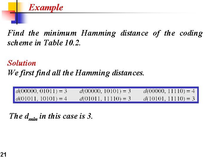 Example Find the minimum Hamming distance of the coding scheme in Table 10. 2. Example Find the minimum Hamming distance of the coding scheme in Table 10. 2.