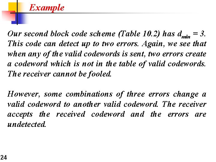 Example Our second block code scheme (Table 10. 2) has dmin = 3. This Example Our second block code scheme (Table 10. 2) has dmin = 3. This