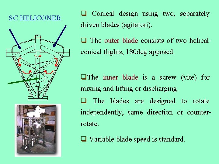 SC HELICONER q Conical design using two, separately driven blades (agitatori). q The outer