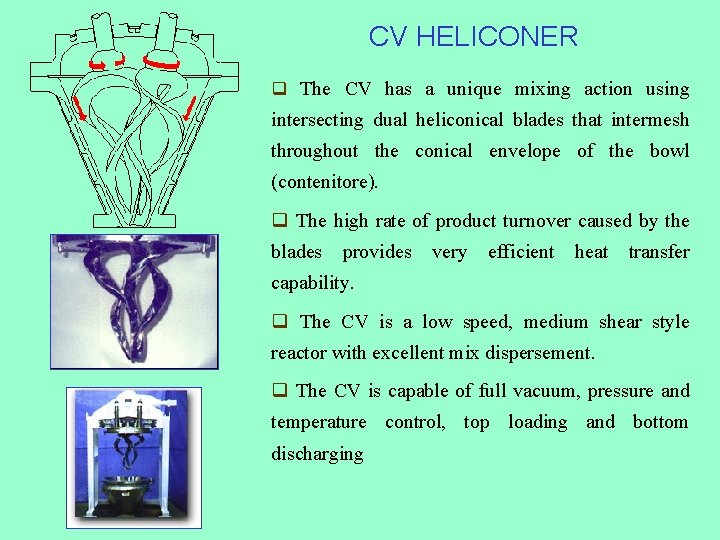 CV HELICONER q The CV has a unique mixing action using intersecting dual heliconical