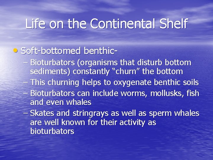 Life on the Continental Shelf • Soft-bottomed benthic- – Bioturbators (organisms that disturb bottom