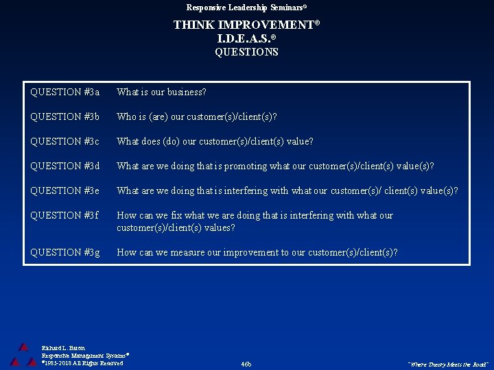 Responsive Leadership Seminars® THINK IMPROVEMENT® I. D. E. A. S. ® QUESTIONS QUESTION #3