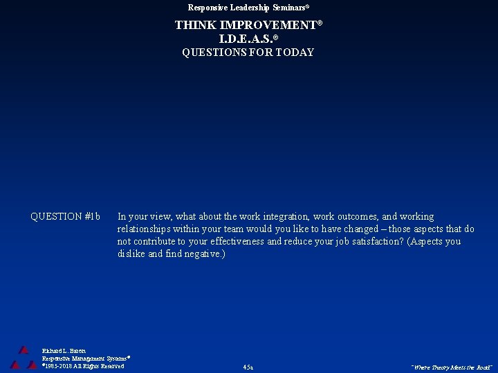 Responsive Leadership Seminars® THINK IMPROVEMENT® I. D. E. A. S. ® QUESTIONS FOR TODAY