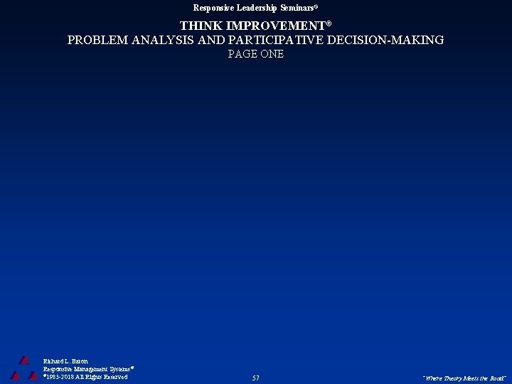 Responsive Leadership Seminars® THINK IMPROVEMENT® PROBLEM ANALYSIS AND PARTICIPATIVE DECISION-MAKING PAGE ONE Richard L.