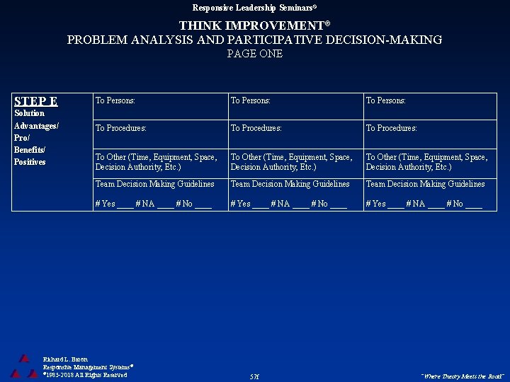 Responsive Leadership Seminars® THINK IMPROVEMENT® PROBLEM ANALYSIS AND PARTICIPATIVE DECISION-MAKING PAGE ONE STEP E