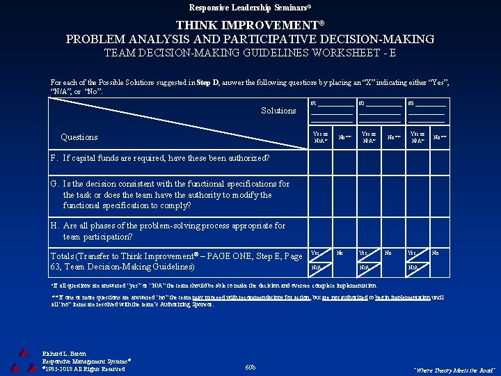 Responsive Leadership Seminars® THINK IMPROVEMENT® PROBLEM ANALYSIS AND PARTICIPATIVE DECISION-MAKING TEAM DECISION-MAKING GUIDELINES WORKSHEET