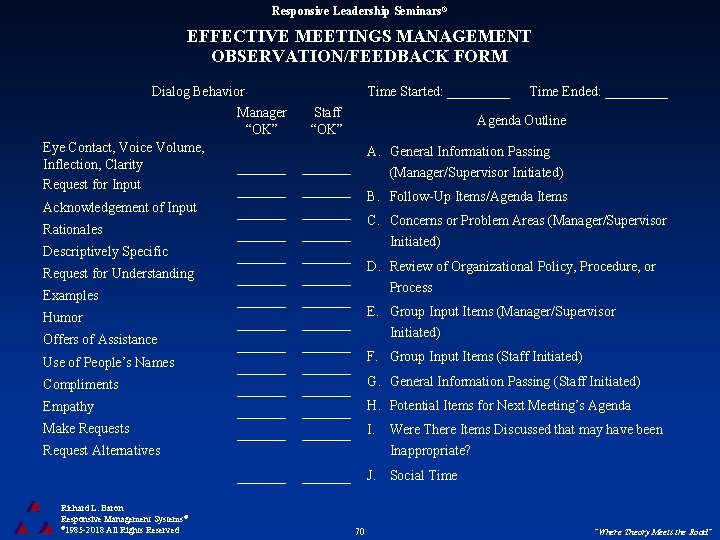 Responsive Leadership Seminars® EFFECTIVE MEETINGS MANAGEMENT OBSERVATION/FEEDBACK FORM Dialog Behavior Manager “OK” Time Started: