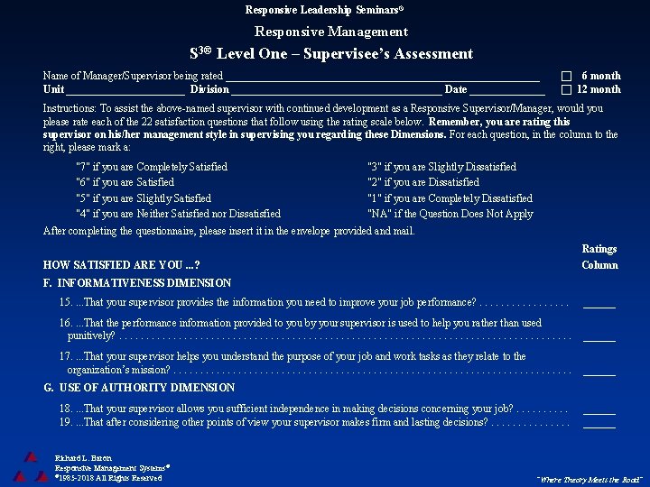 Responsive Leadership Seminars® Responsive Management S 3® Level One – Supervisee’s Assessment Name of